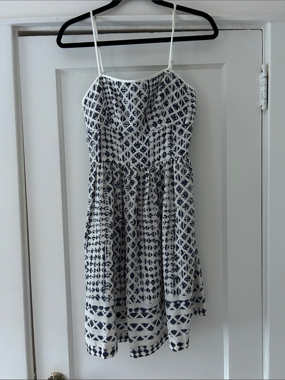EDUN White and Navy Printed Spaghetti Strap Mini Dress